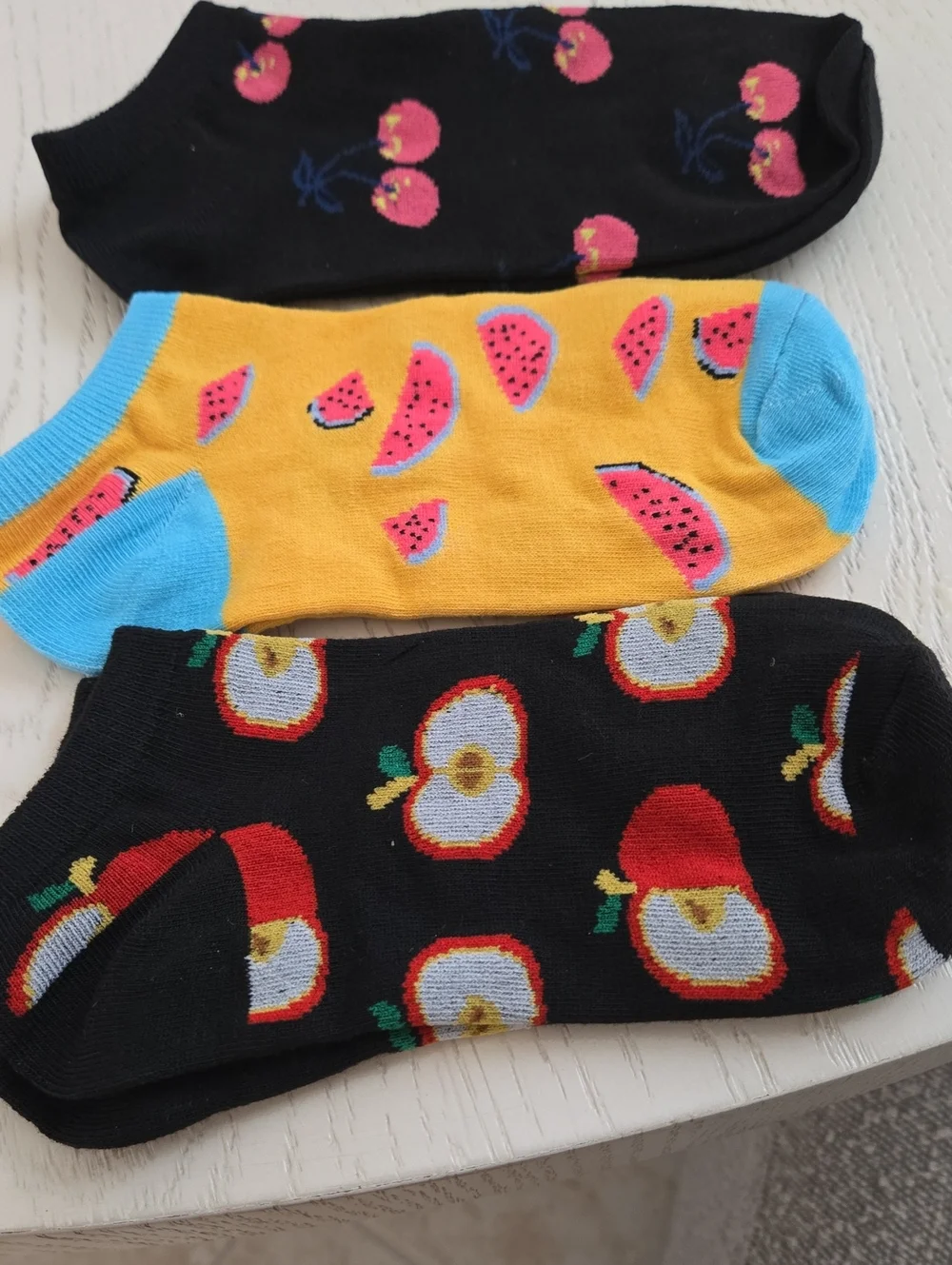 Ladies/Girls Fun Fruit Ankle Socks - Black, Yellow & Blue (3-Pack) Holiday